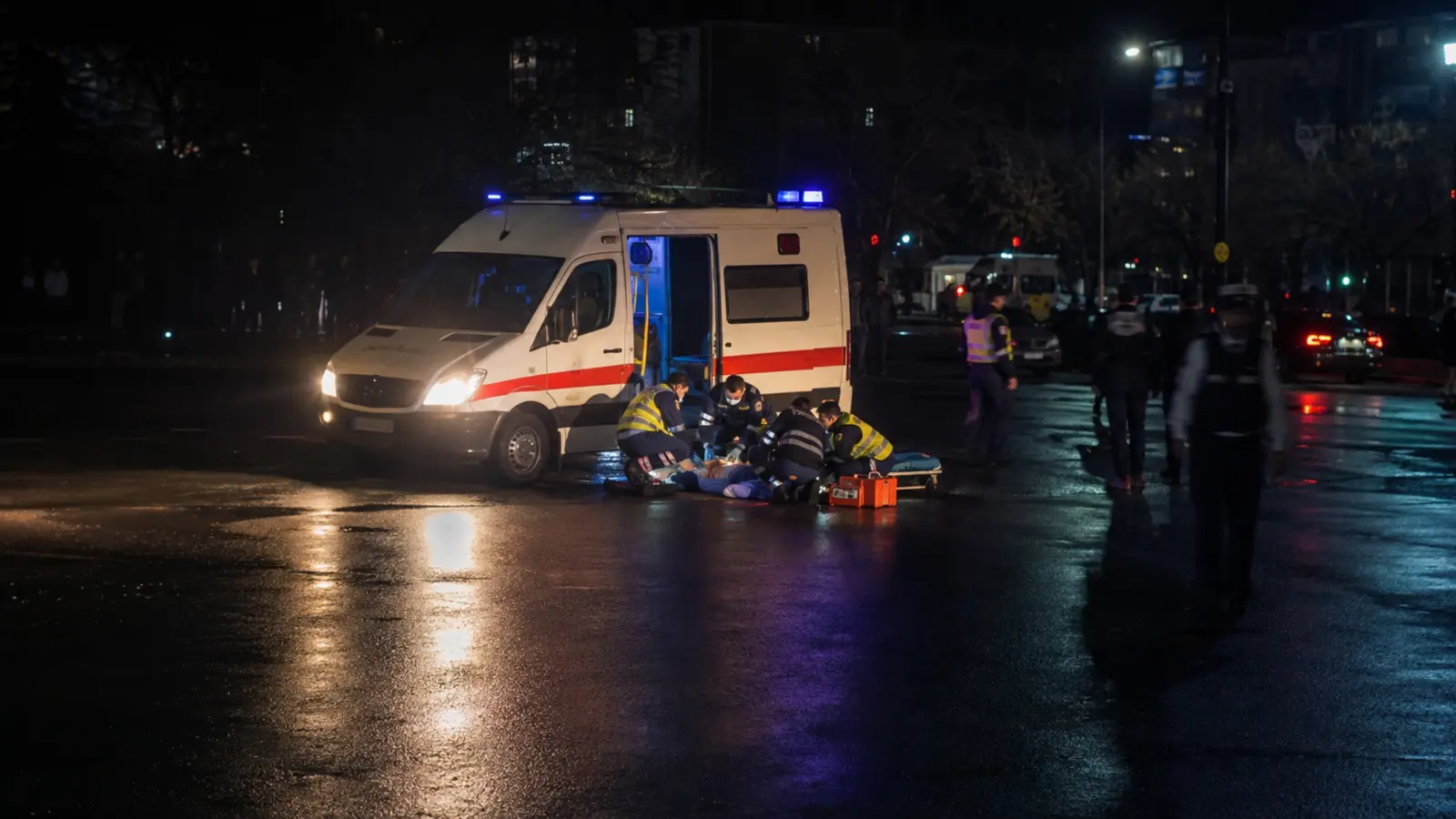Ночная съёмка издалека: скорая помощь и врачи вокруг пострадавшего видны целиком, но само действие трудно разобрать